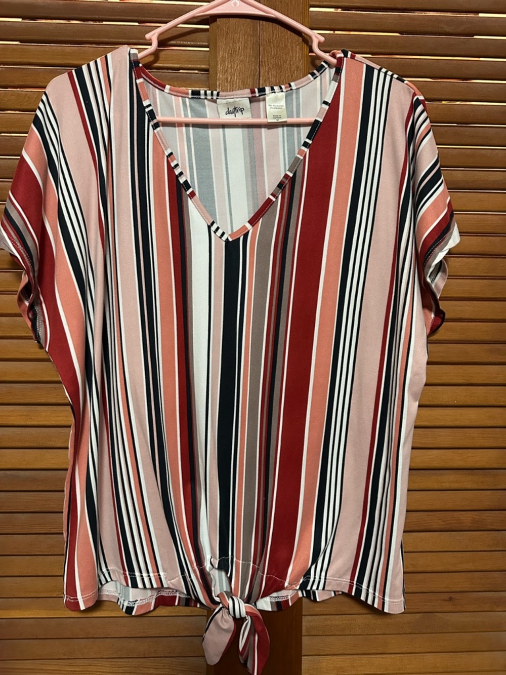 Daytrip Vertical Stripe V-Neck Tie-Front Blouse in Rose, Black & Cream